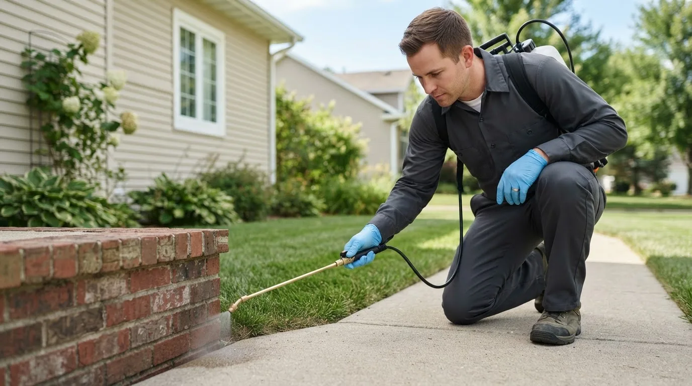 Pest control technician treating a home near Cuba, KS